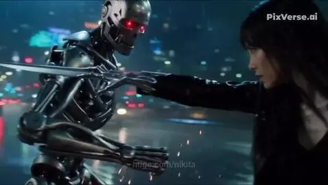 Female character with metallic arm fights a T-1000 robot with a blade arm on a rainy city street at night.