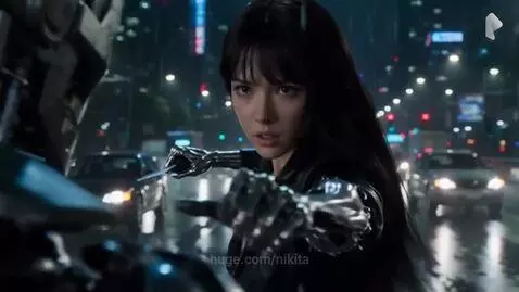 Two advanced cyborgs, one silver and one female with enhancements, fighting intensely on a wet city street at night.