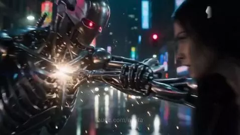 Woman in black leather jacket fighting a chrome robot with a sword on a rainy city street at night.