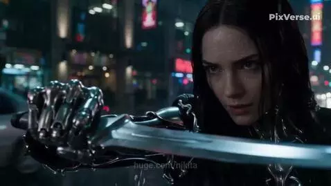 Woman in black leather jacket fighting a chrome robot with a sword on a rainy city street at night.