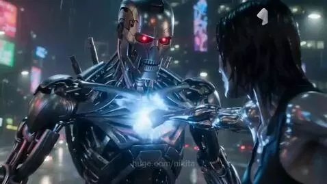T-800 Terminator robot fighting a sleek T-1000 robot with a blue energy blast in a rainy neon city at night.
