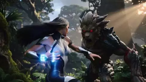 Futuristic female warrior with glowing blue energy punches a large reptilian monster in a sun-dappled jungle.