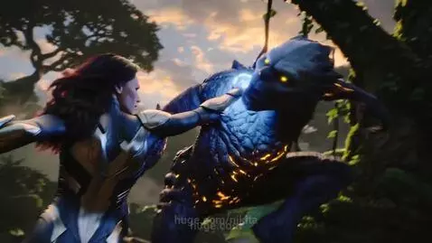 Futuristic warrior in a gold and blue suit fighting a wolf-like creature with glowing eyes in a lush jungle at sunset.