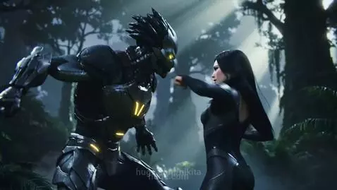 Female warrior in dark suit fights a robotic adversary with glowing eyes in a sun-dappled jungle.