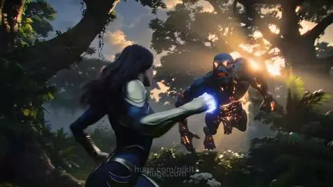 Female warrior in blue and gold suit firing energy blasts in a lush jungle, fighting a rock monster.