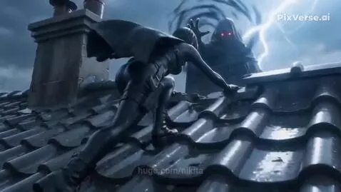 Ada Wong in a tactical suit dodges a shadowy, hooded figure with glowing red eyes on a wet rooftop.