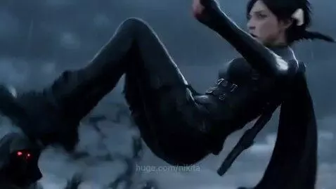 Ada Wong in a tactical suit dodges a shadowy, hooded figure with glowing red eyes on a wet rooftop.