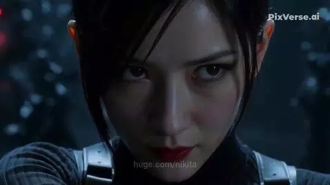 Ada Wong in tactical suit aims pistol at hooded figures with glowing red eyes in a dimly lit futuristic room.