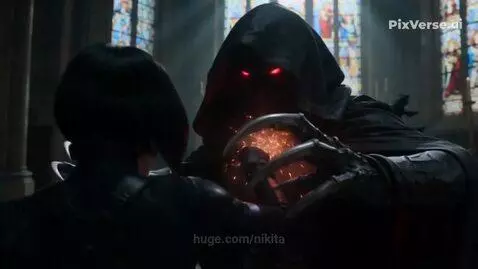 Ada Wong in a black tactical suit draws a pistol in a gothic church as a hooded figure with glowing red eyes lunges at her.