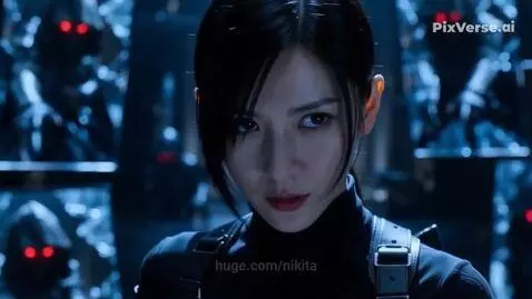 Woman in black tactical suit firing pistol in a mirrored room with shadowy figures.