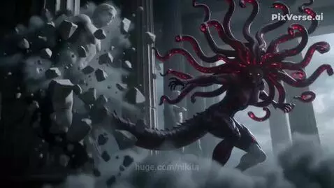 Monstrous Medusa creature with glowing red eyes battles a female warrior with sword and shield in ancient ruins.
