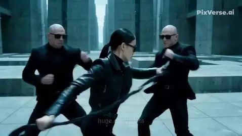 Woman in black leather jacket and sunglasses fighting two men with a staff in a futuristic grey environment.