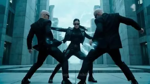 Woman in black leather resembling Trinity fighting two men in a futuristic city with blue energy effects.