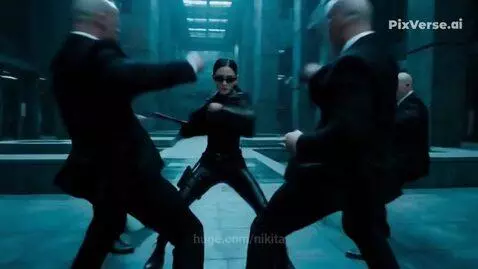 Woman in black leather jacket and sunglasses performing martial arts fight moves against men in suits.