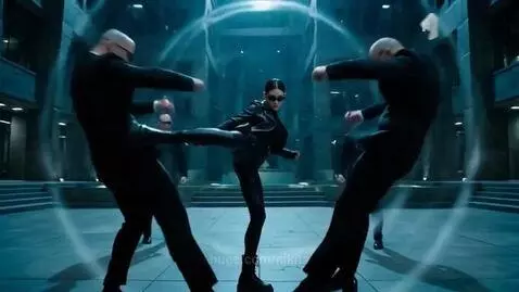 Woman in black leather jacket and sunglasses performing martial arts moves with blue energy rings.