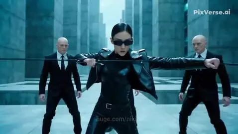Woman in black leather outfit performing martial arts with a whip against multiple opponents in a futuristic setting.