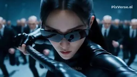 Female character in black suit and sunglasses wielding a staff, surrounded by shattered glass-like figures.