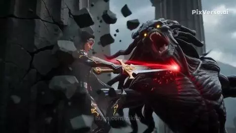 Female warrior with glowing sword and shield fighting a dark monster with yellow eyes in ancient ruins.