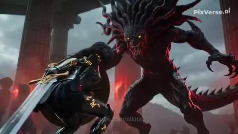 Female warrior with glowing sword and shield fighting a dark monster with yellow eyes in ancient ruins.