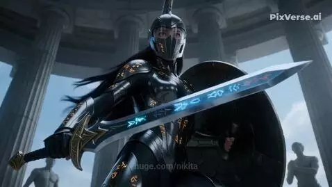 Female warrior in futuristic black and gold armor with a glowing sword and shield fighting a multi-headed monster.