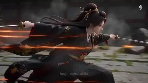 Female warrior in traditional outfit performs sword fight in front of ancient temple as a dragon statue awakens.