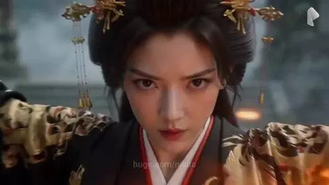 Female warrior with two katanas facing a large dragon in a traditional Japanese temple courtyard.