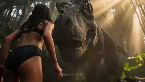 A young girl in a swimsuit runs from a T-Rex in a sun-dappled jungle.