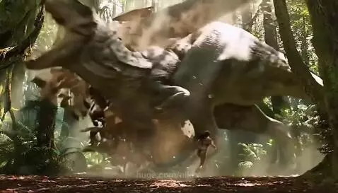Woman running through a dense jungle, pursued by a large Tyrannosaurus Rex.