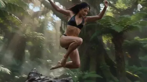 Woman in bikini jumping off a T-Rex dinosaur's head in a lush jungle setting.
