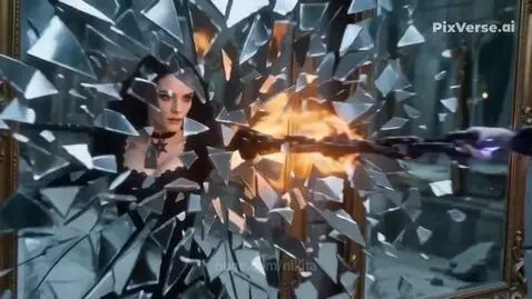 Gothic sorceress with dark hair and purple eyes, wearing a black gown, wielding a flaming chain in a grand hall.