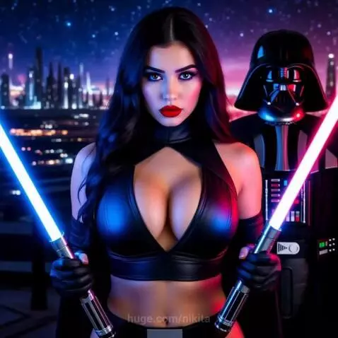 Woman with two lightsabers dueling Darth Vader in a futuristic city at night.