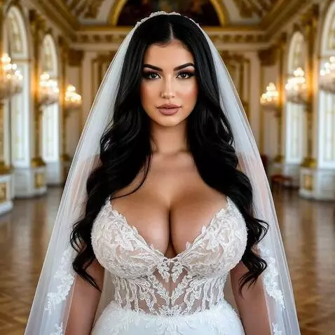 Bride with long dark hair in a white V-neck wedding dress, holding and vaping in an ornate golden hall.
