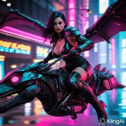 Cyberpunk woman with dark wings riding a mechanical dragon through a neon-lit futuristic city.