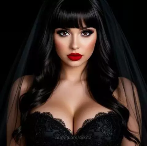 Woman with long dark hair, red lipstick, wearing a black lace top and sheer veil, posing dramatically.