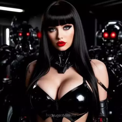 Woman with cybernetic arm and futuristic outfit posing with glowing red-eyed robots.