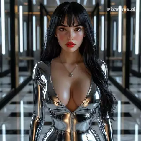 Woman with dark hair in a shiny silver full-body suit with a deep V-neck, standing in a futuristic hallway with reflective surfaces.