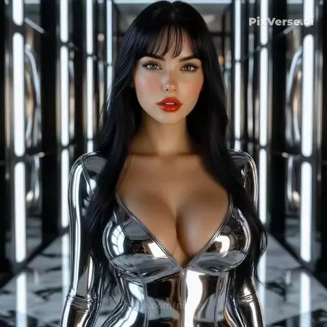 Woman with dark hair in a metallic V-neck bodysuit posing in a brightly lit futuristic corridor with geometric patterns.