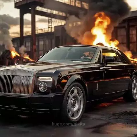 Woman in a shiny black catsuit and heels walks towards a black Rolls Royce Phantom Coupe with fires burning in the background at sunset.
