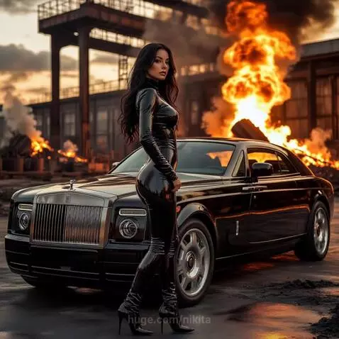 Woman in shiny black catsuit and heels next to a luxury car doing a wheelie, with industrial fires in the background.