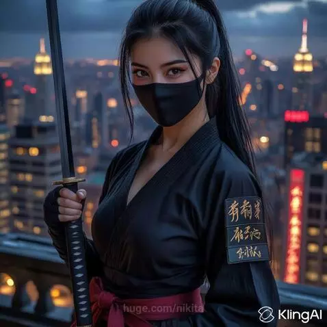 Female ninja in black gi and mask with katana, standing on a rooftop at night with a city skyline.