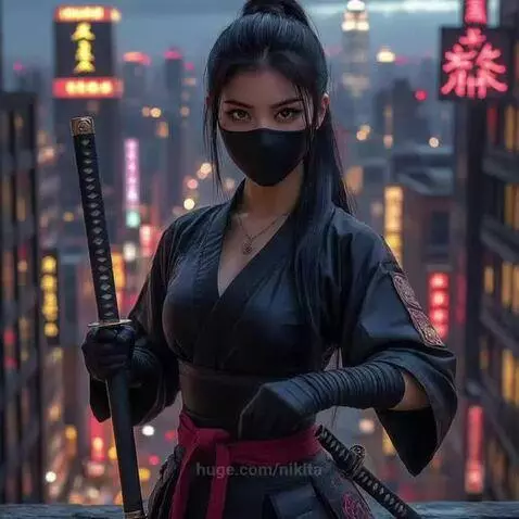 Female ninja in black uniform with glowing eyes and a katana, performing a sword swing in a futuristic city at night.