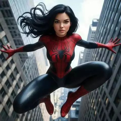 Superheroine with long dark hair in a red and black spider suit flying through a city with lightning effects.