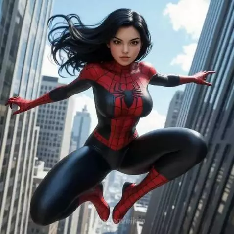 Female hero with dark hair in a red and black suit swings between tall city buildings.