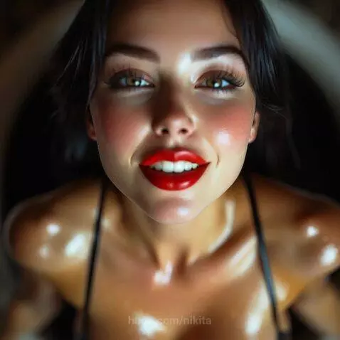 Woman with dark hair, green eyes, and red lipstick in a black bikini top, smiling and blowing a kiss.