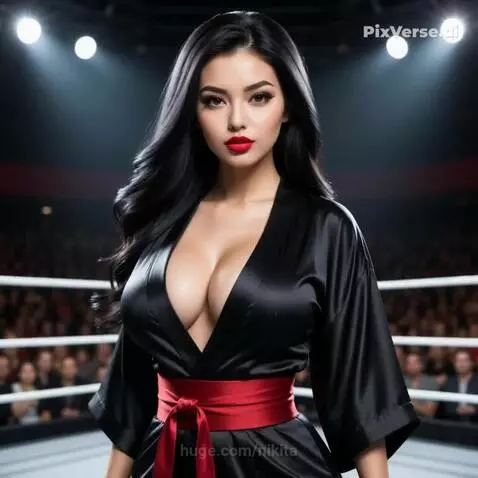 Woman in black martial arts robe with red obi performing a powerful kick in a boxing ring.