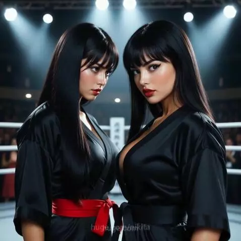 Two women with long black hair and kimonos in a boxing ring, intense expressions.