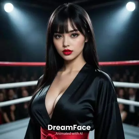 Woman with dark hair and red lipstick in a black satin robe in a boxing ring with spotlights and audience.