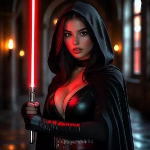 Woman in Sith Lord costume with red lightsaber in a gothic hallway