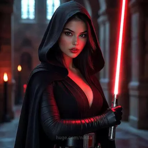 Woman dressed as a Sith Lord holding a glowing red lightsaber in ancient stone ruins.