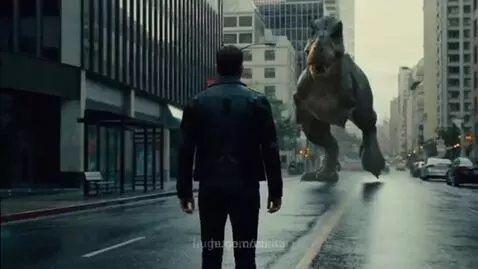 A T-Rex roars with its mouth open in a city street, facing a man in a dark jacket.